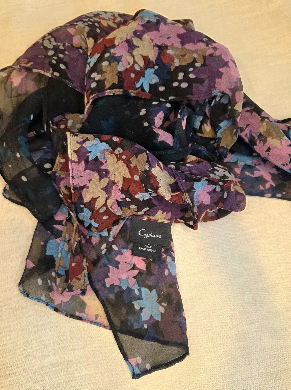 Cejon 100% Silk Sheer Floral Scarf • Moody Watercolor Print • Lightweight Romant